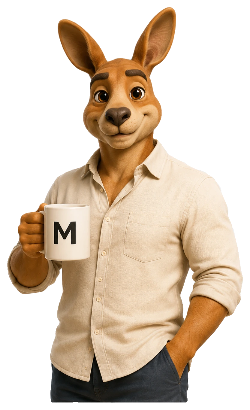 Monty the kangaroo holding a Money Monty mug